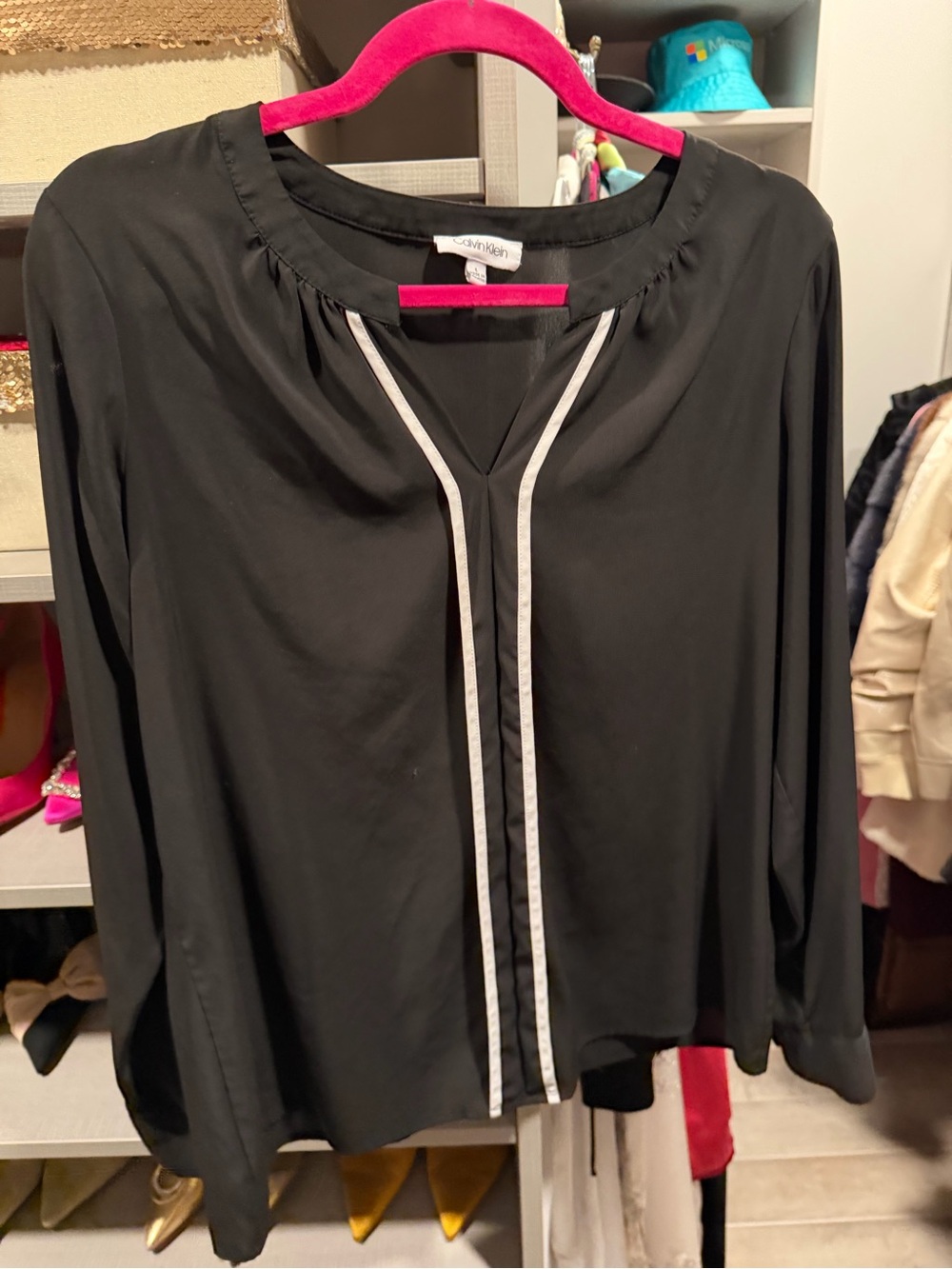 Calvin Klein Black Long-Sleeve Blouse with White Front Trim